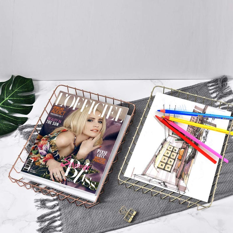 Fvstar Rose Gold File Organizer for Desk Letter Size Desk Paper Organizer Trays Large Capacity Metal File Organizer Paper Tray Wire Basket Bins for Office Desktop,12.5" x 9.4" x 1.9" - Image 2